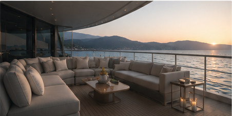 Luxury yacht lounge at sunset